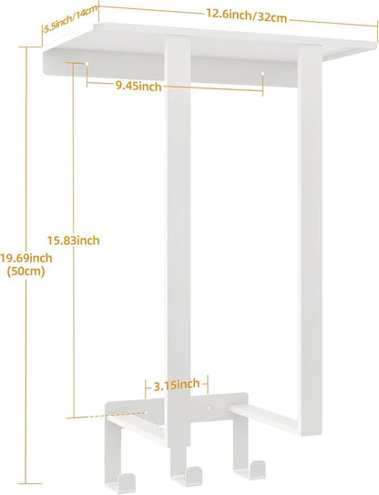Towel Racks for Bathroom White, Bathroom Towel Rack with Shelf and 3 Hooks Wall Mounted, Towel Storage Rack for Small Bathroom