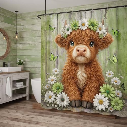 Cute Cow Shower Curtain, Farmhouse Rustic Floral Daisy Highland Cow Shower Curtains for Bathroom, Calf Country Farm Animal Garden Plant Fabric Bathroom Decor with Hooks, 70x72 inch