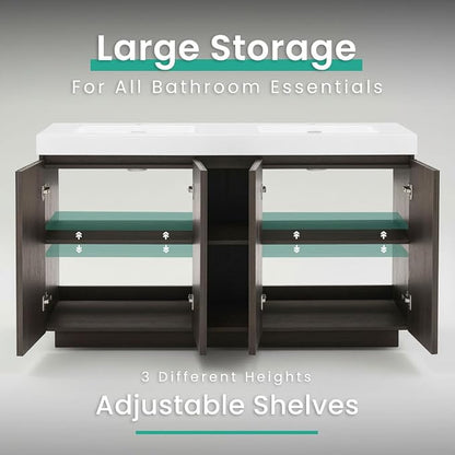 60" Double Bathroom Vanity with Sink (8" Widespread Faucet Holes Predrilled), Mid Century Modern Bathroom Cabinet with 4 Doors & Shelves, White Integrated Sink with Overflow, Dark Oak