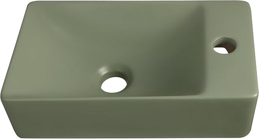JONATHAN Y SNK1004F-R Felix 15 in. W x 8 in. D Modern Wall Mounted Rectangular Ceramic Mini Sink Basin, Right-Side Faucet, Matte Olive