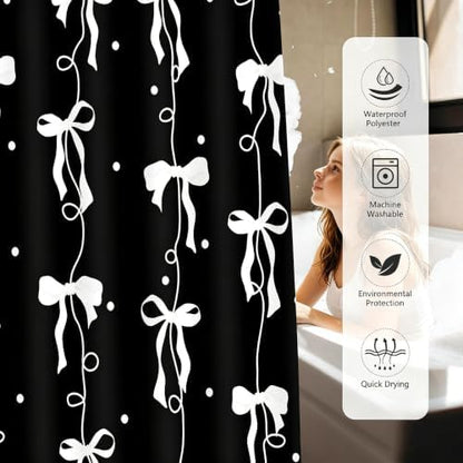 Black and White Bow Shower Curtain for Bathroom, Teen Girls Theme, 72x72In