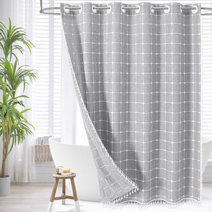 MitoVilla No Hooks Needed Boho Farmhouse Shower Curtain with Snap-in Liner, Cotton Linen Fabric Shower Curtains with Tassels for Rustic Neutral Bathroom Decor, Grey, 72 x 74