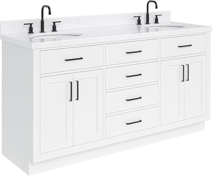 ARIEL Hepburn 66-inch Bathroom Vanity with Sink,Solid Wood, 1.5-inch Carrara White Quartz Countertop & Backsplash, Double Oval Porcelain Sink, 4 Soft Closing Doors, 6 Dovetail Drawers, White
