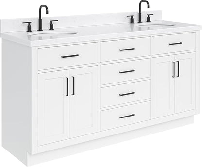 ARIEL Hepburn 66-inch Bathroom Vanity with Sink,Solid Wood, 1.5-inch Carrara White Quartz Countertop & Backsplash, Double Oval Porcelain Sink, 4 Soft Closing Doors, 6 Dovetail Drawers, White