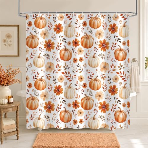 Fall Pumpkin Shower Curtain, Floral Autumn Bathroom Decor, 72 x 72