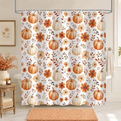 Fall Pumpkin Shower Curtain, Floral Autumn Bathroom Decor, 72 x 72