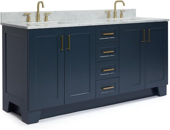 ARIEL Taylor 72-inch Bathroom Vanity with Sink,Solid Wood, 0.75-inch Italian Carrara Marble Countertop, Double Rectangular Porcelain Sink, 4 Soft Closing Doors, 6 Dovetail Drawers, Midnight Blue