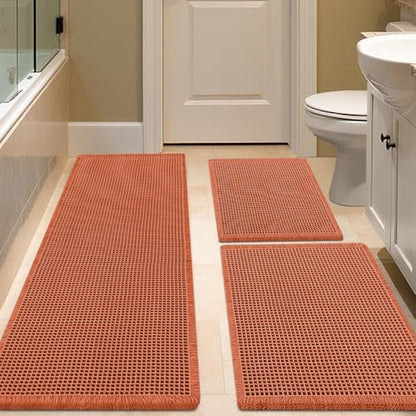 IM HOME Waffle Bath Mat Set 3 Piece Burnt Orange,Woven Modern Bath Rug Mats, Absorbent Non Slip Bath Floor Mat, Soft Washable Boho Bath Rugs with Tassels for Bathroom, Bedroom, Kitchen, Tub