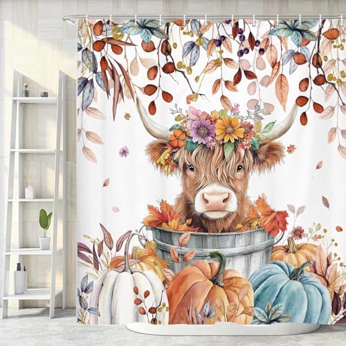 Fall Pumpkin Highland Cow Shower Curtain, Thanksgiving Autumn Farmhouse Animal Harvest Seasonal Decor Bathroom Curtains, Waterproof Fabric Polyester with Hooks, 72x72 Inch