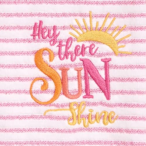 Ritz 2-Piece Cotton Velour Bathroom Hand Towel Set, Embroidered Hey Sunshine Design, Pink Pinstripe Decorative Bathroom Towels for Guest Bath, Kids Room, or Nursery, 16” x 26”
