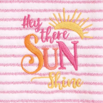 Ritz 2-Piece Cotton Velour Bathroom Hand Towel Set, Embroidered Hey Sunshine Design, Pink Pinstripe Decorative Bathroom Towels for Guest Bath, Kids Room, or Nursery, 16” x 26”