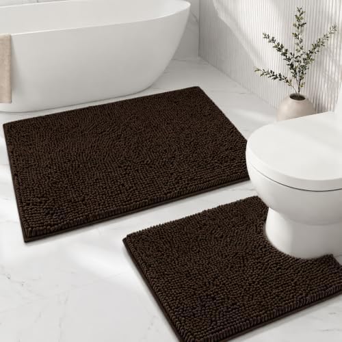 Bathroom Rugs Sets 2 Piece,Super Absorbent Soft,Thick,Machine Washable Chenille Bath Mat,Non Slip Toilet Floor Rug,Bath Mats for Bathroom,20x32 Plus 20x20 U Shape,Coffee