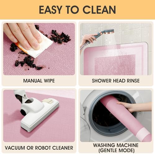 ACCUMTEK Non Slip Bath Mat, Thin Bathroom Rugs Fit Under Door, Quick Dry Bath Mats, Machine Washable Bath Rugs for Bathroom, Bathtub & Kitchen, Pink/Bordered/U-Shaped 24"x20"