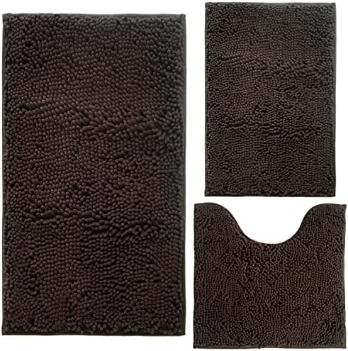 Bathroom Rugs Chenille 3-Piece Extra Soft and Absorbent Shag Bathroom Rugs, Machine Wash Mat, Strong PVC Non-Slip Underside, Plush Carpet Mats (Coffee)