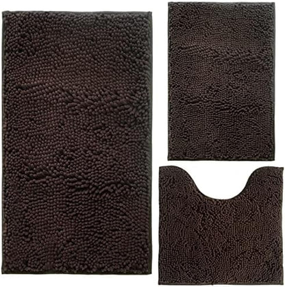 Bathroom Rugs Chenille 3-Piece Extra Soft and Absorbent Shag Bathroom Rugs, Machine Wash Mat, Strong PVC Non-Slip Underside, Plush Carpet Mats (Coffee)