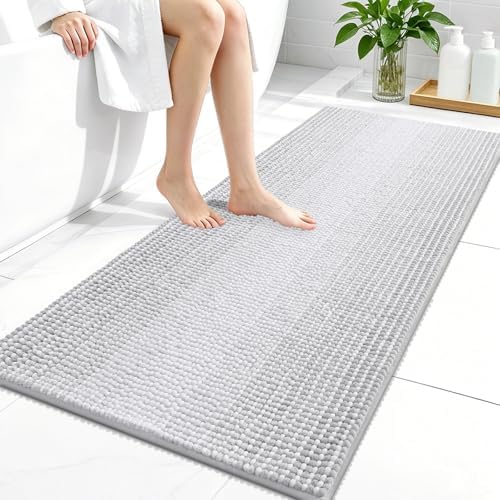 OLANLY Bathroom Runner Rugs 44x24, Chenille Striped Bath Rugs, Light Grey