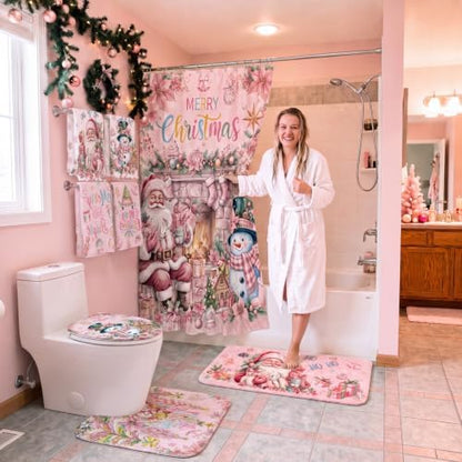 FuWeave 8 Pcs Pink Santa Christmas Shower Curtain Set for Bathroom with Xmas Snowman Shower Curtain Towels Non Slip Rugs Toilet Lid Cover Bath Mat and 12 Hooks for Christmas Bathroom Decor