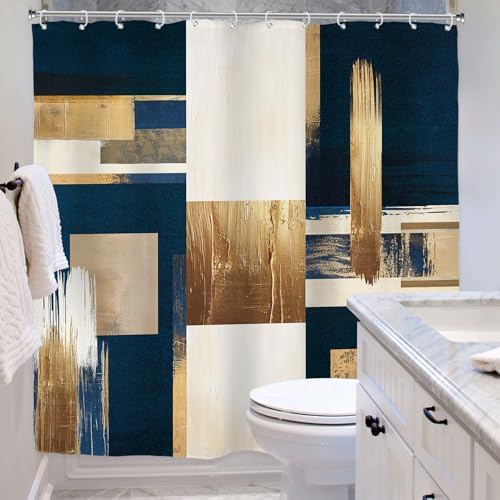 Riyidecor Navy Blue Gold Abstract Shower Curtain for Bathroom Decor 72Wx72H Boho Beige Oil Painting Modern Neutral Aesthetic Artistic Art Printed Fabric Polyester Waterproof 12 Pack Plastic Hooks