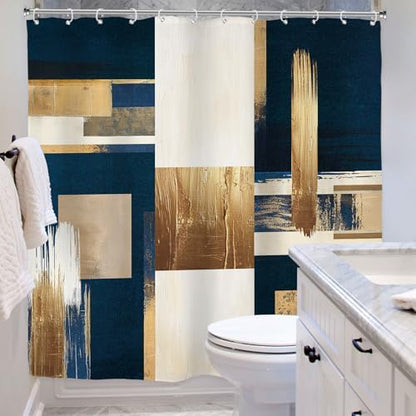 Riyidecor Navy Blue Gold Abstract Shower Curtain for Bathroom Decor 72Wx72H Boho Beige Oil Painting Modern Neutral Aesthetic Artistic Art Printed Fabric Polyester Waterproof 12 Pack Plastic Hooks