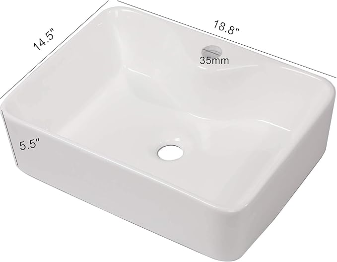 Mocoloo 19 Inch Rectangle Vessel Sink with Faucet Hole 19"x15" White Ceramic Countertop Bathroom Vanity Sink Basin Above Counter Porcelain Lavatory Sink