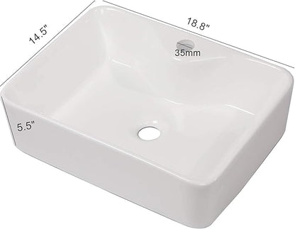 Mocoloo 19 Inch Rectangle Vessel Sink with Faucet Hole 19"x15" White Ceramic Countertop Bathroom Vanity Sink Basin Above Counter Porcelain Lavatory Sink