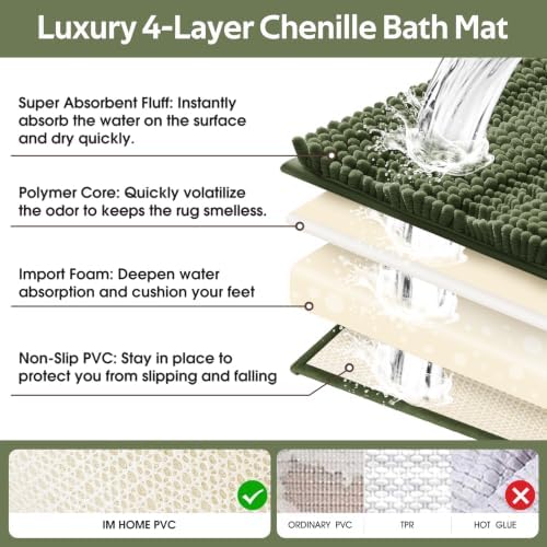 Christmas Striped Olive Green Bathroom Rug Mat Set 2 piece 32"x20"+60"x20" Ultra Soft, Non Slip Chenille Bath Rugs, Absorbent Plush Shaggy Bath Mats for Bathroom, Bedroom, Kitchen, Shower, Tub