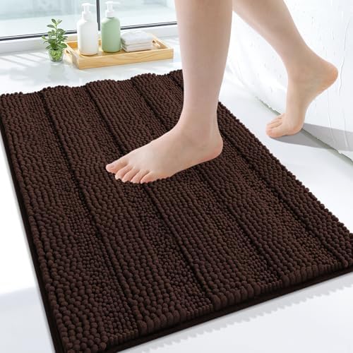 Grandaily Chenille Striped Bathroom Rugs 24x16, Extra Thick and Soft Absorbent Bath Mats, Rubber Backing, Plush Shaggy Shower Carpet, Machine Wash Dry, Bath Rug for Bathroom, Dark Brown