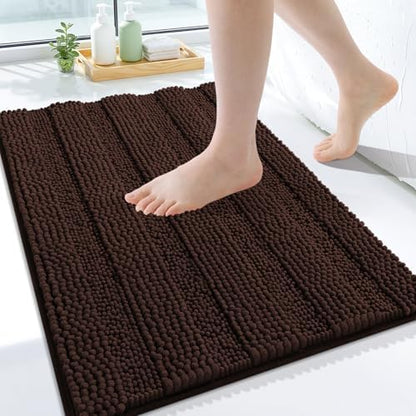 Grandaily Chenille Striped Bathroom Rugs 24x16, Extra Thick and Soft Absorbent Bath Mats, Rubber Backing, Plush Shaggy Shower Carpet, Machine Wash Dry, Bath Rug for Bathroom, Dark Brown