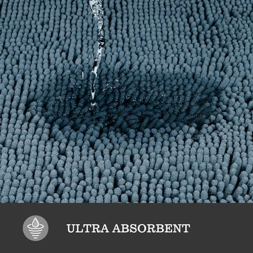 Yeaban Chenille Blue Bathroom Rug 17"x24", Non-Slip Rubber Backing
