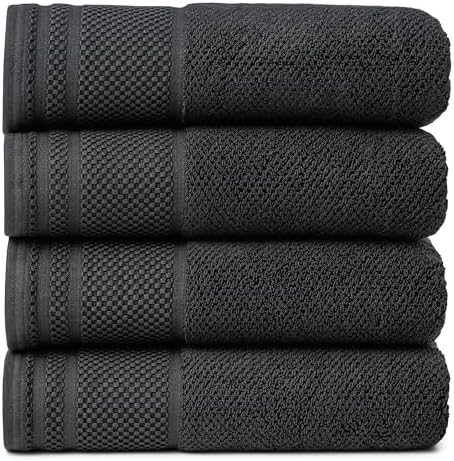 Texere 100% Organic Cotton Rice Weave Jacquard 700 GSM Luxury Bath Towel Sets - Ultra Soft and Absorbent Hotel and Spa Quality (Rice Weave, Black, 4 Bath Towels)