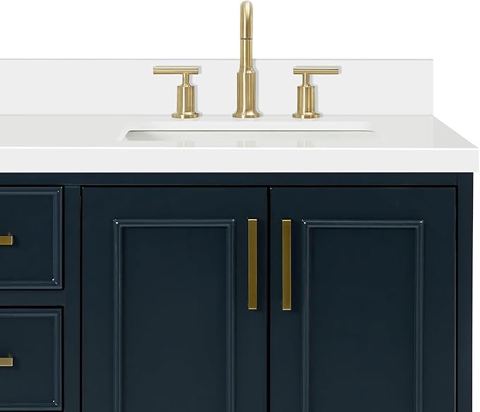 ARIEL Stafford 60-inch Bathroom Vanity with Sink,Solid Wood, 1.5-inch Pure White Quartz Countertop, Double Rectangular Porcelain Sink, 4 Soft Closing Doors, 6 Dovetail Drawers, Midnight Blue