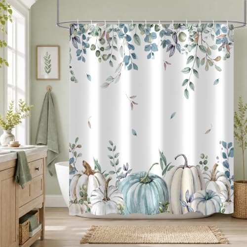 Blue Pumpkin Shower Curtain, 60 x 72 Inch Watercolor White Pumpkin Eucalyptus Bathroom Curtain, Fall Farmhouse Bath Curtain for Tub Shower Decor, Multiple Sizes