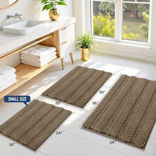 Grandaily Chenille Striped Bathroom Rugs 24x16, Extra Thick and Absorbent Bath Mats, Non-Slip Soft Plush Shaggy Shower Carpet, Machine Wash Dry, Bath Rug for Bathroom, (Small, Camel)