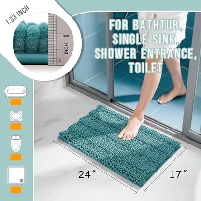 Yimobra Bathroom Rug Mat, Non Slip and Super Absorbent Bath Mat, Machine Washable Quick Dry, Ultra Plush Chenille Shower Rugs for Bathroom Floor Sink Tub and Shower Outside, Teal Blue, 24 x 17