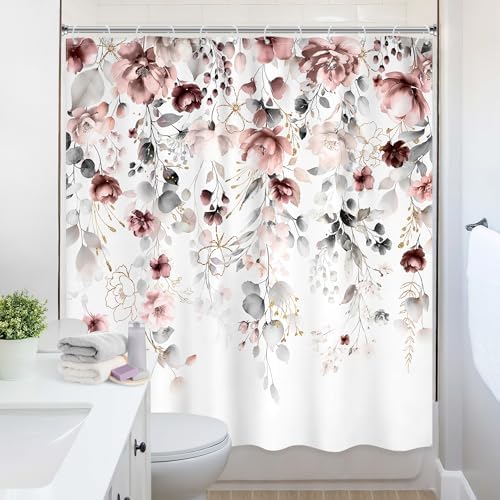 Extra Long Floral Grey Pink Leaves Bathroom Shower Curtain Set