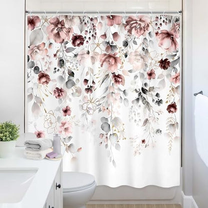 Extra Long Floral Grey Pink Leaves Bathroom Shower Curtain Set