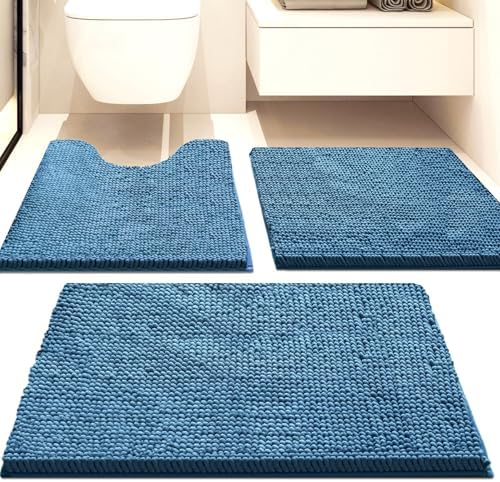 Bathroom Rugs Sets 3 Piece Non Slip,Bath Rugs with PVC Backing Bath Carpet,Bathroom Rug Washable,Absorbent,Plush Carpet Mats,Bath Mats for Bedroom, Kitchen,Tub,Home Decor (Deep Blue)