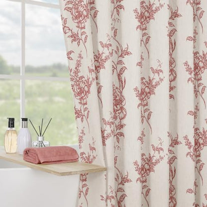 Red Linen Farmhouse Shower Curtain, Boho Floral Bathroom 36x72