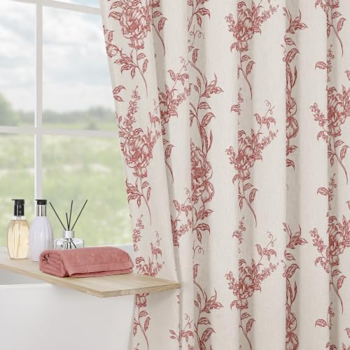 Red Linen Farmhouse Shower Curtain, Boho Floral Bathroom 72x84
