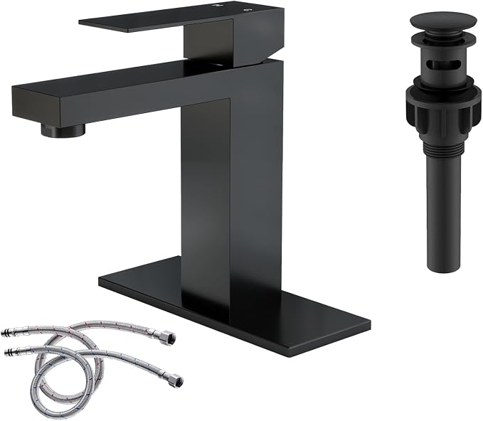 Matte Black Bathroom Faucet Single Hole with Pop-Up Bathroom Drain Single Handle Bathroom Sink Faucet w/Deck Plate(1 or 3 Hole) for Vanity Sinks, RV, Farmhouse