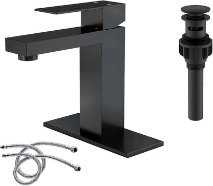 Matte Black Bathroom Faucet Single Hole with Pop-Up Bathroom Drain Single Handle Bathroom Sink Faucet w/Deck Plate(1 or 3 Hole) for Vanity Sinks, RV, Farmhouse