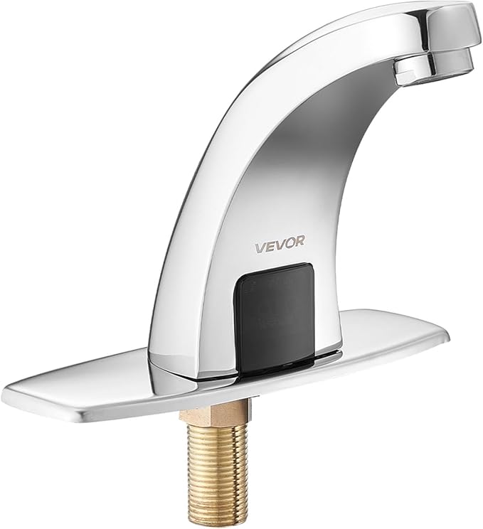 VEVOR Touchless Bathroom Sink Faucet, Automatic Motion Sensor Restroom Toilet Faucet with Hole Cover Plate, Battery Operated,Hot/Cold Water for 9/16 in Pipe Commercial Lavatory,Chrome Plated Silver