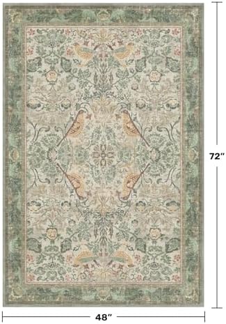 Washable 4x6 Entryway Rug, Sage Green Area Rugs for Living Room, Bedroom, Large Kitchen, Office, Boho Botanical Decor, Non-Slip Low Pile Ultra Soft Carpet