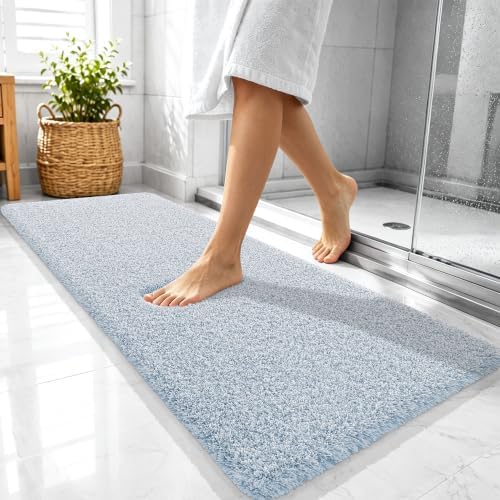 OLANLY Microfiber Bathroom Rugs 47x20, Quick Dry Mat, Airy Blue and White