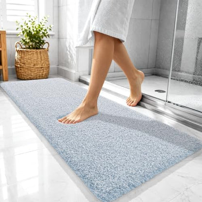 OLANLY Microfiber Bathroom Rugs 47x20, Quick Dry Mat, Airy Blue and White