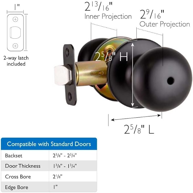 Design House 778944 Cambridge 2-Way Adjustable Privacy Door Knob for Bathroom Bedroom, Matte Black