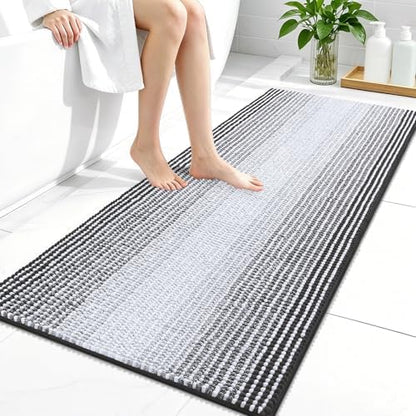 OLANLY Bathroom Runner Rugs 44x24, Chenille Striped Bath Rugs, Dark Grey