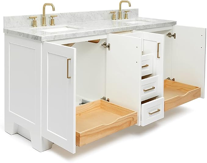 ARIEL 73" White Double Vanity, 1.5" Edge Italian Carrara Marble Countertop & Splash, Rectangular Sink, 4 Soft Closing Doors, 6 Full Extension Dovetail Drawers, Toe Kick, Satin Brass