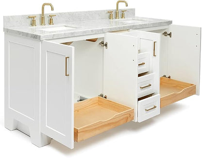 ARIEL 73" White Double Vanity, 1.5" Edge Italian Carrara Marble Countertop & Splash, Rectangular Sink, 4 Soft Closing Doors, 6 Full Extension Dovetail Drawers, Toe Kick, Satin Brass