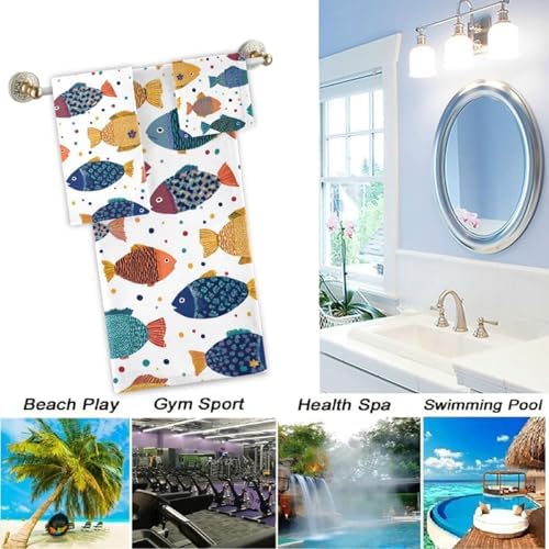 Naanle Stylish Decorative Fishes Pattern Soft Luxury Decorative Set of 3 Towels, 1 Bath Towel+1 Hand Towel+1 Washcloth, Multipurpose for Bathroom, Hotel, Gym, Spa and Beach